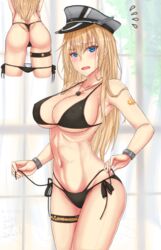  bikini bismarck_(kancolle) black_bikini blonde_hair blue_eyes breasts chains collarbone commentary_request cowboy_shot female flying_sweatdrops gold_chain graphite_(medium) grey_headwear hat highres jewelry kantai_collection large_breasts layered_bikini long_hair mickey_dunn mole mole_on_neck navel necklace peaked_cap side-tie_bikini_bottom standing swimsuit thigh_strap thong_bikini traditional_media untying 