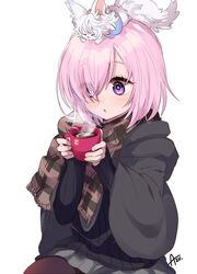  azu_(kirara310) black_pantyhose blush coat commentary_request cup fate/grand_order fate_(series) female fou_(fate) hair_over_one_eye hot_chocolate mash_kyrielight mash_kyrielight_(chaldea_teatime) official_alternate_costume on_head pantyhose purple_eyes purple_hair scarf simple_background skirt sleeves_past_wrists smile sweater white_background winter_clothes winter_coat 