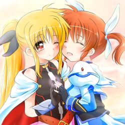  2girls blonde_hair blush closed_eyes commentary_request couple fate_testarossa fate_testarossa_(blaze_form) happy kerorokjy long_hair looking_at_another lyrical_nanoha magical_girl mahou_shoujo_lyrical_nanoha mahou_shoujo_lyrical_nanoha_a&#039;s mahou_shoujo_lyrical_nanoha_the_movie_2nd_a&#039;s multiple_girls orange_hair red_eyes short_twintails simple_background smile takamachi_nanoha takamachi_nanoha_(exelion_mode) twintails yuri 