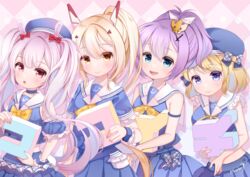  4girls anchor_symbol animal_ears argyle_background ayanami_(azur_lane) ayanami_(grade_a_sailor_uniform)_(azur_lane) azur_lane bad_id bad_pixiv_id bare_arms beret blonde_hair blue_headwear blue_serafuku blue_shirt blue_skirt blue_sleeves blush bow bowtie commentary_request crown detached_sleeves fingernails green_eyes hair_between_eyes hair_ornament hair_ribbon hairbow hat headgear high_ponytail javelin_(azur_lane) javelin_(let&#039;s_become_waitresses!)_(azur_lane) laffey_(azur_lane) laffey_(bunny_clerk?)_(azur_lane) long_hair maeha matching_outfits midriff mini_crown multiple_girls nail_polish official_alternate_costume pleated_skirt ponytail puffy_short_sleeves puffy_sleeves purple_eyes purple_hair rabbit_ears red_bow red_eyes red_nails ribbon sailor_collar school_uniform serafuku shirt short_sleeves signature skirt sleeveless sleeveless_shirt tilted_headwear translation_request twintails very_long_hair white_ribbon white_sailor_collar wrist_cuffs yellow_bow yellow_bowtie z23_(azur_lane) z23_(perfect_smile?)_(azur_lane) 