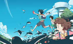  2boys aoyama-kun_(penguin_highway) backpack bag bird black_hair bleu_calire blue_sky bow brown_footwear brown_hair cloud commentary_request day female green_footwear hamamoto-san_(penguin_highway) lolicon multiple_boys outdoors penguin penguin_highway shirt shoes short_hair short_sleeves shorts sky socks t-shirt tree uchida-kun_(penguin_highway) yellow_bow 