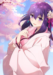  :d blush cherry_blossoms commentary_request earrings fate/grand_order fate_(series) female flower hair_flower hair_ornament japanese_clothes jewelry kasuga_no_tsubone_(fate) kimono long_hair looking_at_viewer open_mouth pink_kimono purple_eyes smile solo tsuezu 