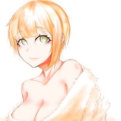  bare_shoulders blonde_hair breasts cleavage closed_mouth collarbone commentary_request eyelashes female fur_sweater green_eyes heuggu highres idolmaster idolmaster_cinderella_girls large_breasts lips looking_at_viewer looking_up miyamoto_frederica off-shoulder_sweater off_shoulder simple_background solo sweater upper_body white_background white_sweater 