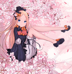  abigail_williams_(fate) bad_id bad_pixiv_id black_bow black_dress black_footwear black_headwear blonde_hair bloomers blue_eyes bow cherry_blossoms closed_mouth commentary_request dress fate/grand_order fate_(series) female forehead gantan hairbow legs long_hair orange_bow parted_bangs polka_dot polka_dot_bow sleeves_past_fingers sleeves_past_wrists solo stuffed_animal stuffed_toy teddy_bear underwear white_bloomers 