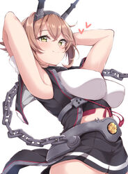  armpits arms_behind_head black_skirt breasts brown_hair chains closed_mouth commentary_request crest female gloves green_eyes hairband headgear heart jiino kantai_collection large_breasts looking_at_viewer midriff miniskirt mutsu_(kancolle) plaid pleated_skirt short_hair simple_background skirt smile solo white_background white_gloves 