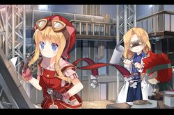  2girls ^^^ agate_crosner asymmetrical_bangs belt blonde_hair blue_eyes blue_shirt book collared_shirt commentary_request cowboy_shot drawing drawing_board eiyuu_densetsu erika_russell_(eiyuu_densetsu) evil_smile eyes_visible_through_hair gloves goggles goggles_on_headwear hat lab_coat letterboxed long_hair long_sleeves mallet mother_and_daughter multiple_girls overalls pencil pink_gloves pink_shirt pocket_watch railing red_headwear saru shaded_face shirt short_sleeves sidelocks skirt smile sora_no_kiseki sparkling_eyes squiggle stuffed_toy sweatdrop table tita_russell warehouse watch wrench 