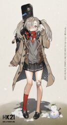  absurdres arm_up bandaid bandaid_on_knee bandaid_on_leg bow bowtie charm_(object) coat commentary doll female fog g3_(girls&#039;_frontline) girls&#039;_frontline glasses gompang guitar_case hair_over_one_eye highres hk21_(girls&#039;_frontline) instrument_case jacket looking_at_viewer necktie scarf school_uniform skirt snow snowman solo sweater_vest trench_coat twintails vest 