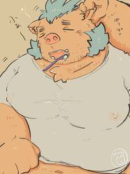  2019 absurd_res anthro belly buta5kawa closed_eyes clothing ganglie_(tas) hamuga86 hi_res humanoid_hands japanese_text lifewonders male mammal moobs navel nipples overweight overweight_anthro overweight_male shirt solo suid suina sus_(pig) text tired tokyo_afterschool_summoners topwear wild_boar 