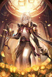  1boy androgynous armor blue_eyes chinese_armor chinese_clothes cleavage_cutout closed_mouth clothing_cutout commentary_request fate/grand_order fate_(series) flower hair_between_eyes highres holding holding_mask holding_sword holding_weapon horned_mask horns lantern looking_at_viewer male_focus mask md5_mismatch ornament paper_lantern petals photoshop_(medium) prince_of_lan_ling_(fate) ribbon sheath sheathed short_hair smile solo sword tenyo0819 unworn_mask weapon white_hair yellow_flower 