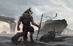  16:10 2019 aircraft airplane amazing_background anthro blue_eyes bonifasko canid canine canis desert detailed detailed_background digital_media_(artwork) male mammal mythological_canine mythological_creature mythology post-apocalyptic rakan ruins scar ship solo vehicle watercraft were werecanid werecanine werewolf widescreen wolf 