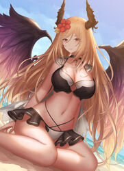  arm_support bare_legs bare_shoulders beach bikini blonde_hair blue_sky breasts choker cleavage commentary_request dark_angel_olivia day dutch_angle female flower granblue_fantasy hair_between_eyes hair_flower hair_ornament horns large_breasts light_smile long_hair looking_at_viewer navel ocean red_eyes rinmmo sidelocks sitting sky solo swimsuit wings yokozuwari 