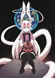  :p ad-6-0001a albino alien animal_ears black_bow black_bowtie black_thighhighs bow bowtie colored_skin commentary digitigrade earth_(planet) english_commentary female hair_ears hushabye long_hair long_tail monster_girl moon on_mini_planet on_moon pink_shirt planet project_a.d.a. rabbit_ears red_eyes shirt short_sleeves sitting solo space suspenders tail thighhighs toeless_legwear toes tongue tongue_out very_long_hair white_hair white_skin 