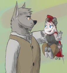  2019 anthro caine_(difference) canid canine canis clothing difference_(webcomic) digital_media_(artwork) duo female fur lagomorph leporid male mammal misfortunate-rai rabbit ruby_(difference) simple_background themuffinly white_body white_fur wolf 