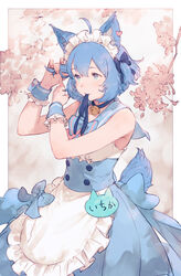  ahoge animal_ear_fluff animal_ears animare apron back_bow bangs bare_shoulders bell bell_collar black_bow blue_bow blue_collar blue_eyes blue_hair blue_ribbon blue_skirt blush bow breasts cat_ears cat_tail collar commentary_request double-breasted dress female frilled_apron frilled_cuffs frills hair_between_eyes hairbow highres junwool leaning_forward maid maid_apron maid_dress maid_headdress medium_breasts mouth_hold ribbon ribbon_in_mouth sailor_collar skirt sleeveless sleeveless_dress solo souya_ichika tail two_side_up tying_hair underbust wrist_cuffs 