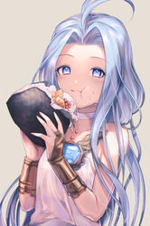  :t ahoge bare_shoulders blue_eyes blue_hair blush bridal_gauntlets choker commentary_request dress eating female food food_on_face gem granblue_fantasy holding holding_food long_hair looking_at_viewer lyria_(granblue_fantasy) matsuki_tou onigiri rice rice_on_face sleeveless sleeveless_dress solo very_long_hair white_choker white_dress 