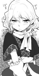  bad_id bad_pixiv_id blush closed_mouth detached_sleeves embarrassed female greyscale looking_at_viewer mizuhashi_parsee monochrome paru_paru pointy_ears short_hair solo sound_effects touhou translated wavy_hair yuki_(popopo) 