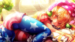  american_flag_dress american_flag_legwear artist_name ass blonde_hair blue_dress blue_pantyhose blush character_name clownpiece commentary_request dress feet_out_of_frame female frilled_pillow frills hair_between_eyes hat highres indoors jester_cap light_particles light_rays long_hair looking_at_viewer lying misaki_(kyal_001) neck_ruff on_side pantyhose parted_lips photoshop_(medium) pillow plant polka_dot polka_dot_headwear purple_hat red_dress red_eyes red_pantyhose short_dress short_sleeves smile solo star_(symbol) star_print striped_clothes striped_dress striped_pantyhose thighs touhou white_dress white_pantyhose window 