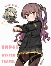  2girls chibi chinese_commentary commentary_request english_text fighting_stance flying_kick girls&#039;_frontline jacket kicking kung_fu multiple_girls official_alternate_costume pantyhose pleated_skirt plug_(feng-yushu) skirt twitter_username ump40_(girls&#039;_frontline) ump45_(girls&#039;_frontline) ump45_(winter_journey)_(girls&#039;_frontline) 