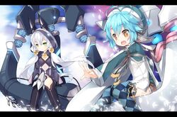  2girls ahoge airgetlam_(kiseki) altina_orion animal_hood aqua_hair argyle_clothes argyle_cutout argyle_legwear beret black_gloves black_headwear black_thighhighs blue_headwear blue_legwear brown_eyes brown_shorts cat_hood claiomh_solais_(kiseki) cloak clothing_cutout commentary_request eiyuu_densetsu expressionless flat_chest gloves green_eyes hair_between_eyes hair_bobbles hair_ornament hat hood hooded_cloak kneehighs knees_together_feet_apart letterboxed long_hair long_sleeves low_twintails mechanical_tail millium_orion multiple_girls open_mouth outstretched_arm petals robot saru sen_no_kiseki sen_no_kiseki_ii sen_no_kiseki_iii shirt short_hair short_jumpsuit short_shorts shorts shrug_(clothing) siblings sisters sitting smile socks tail thighhighs thighs twintails very_long_hair white_hair wide_sleeves 