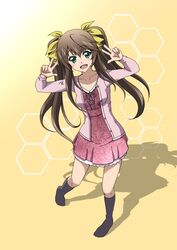  black_socks bow brown_hair cardigan collarbone commentary_request contrapposto dress female floating_hair from_above full_body green_eyes hair_between_eyes hairbow huang_lingyin infinite_stratos kneehighs kuroda_ariake long_hair long_sleeves looking_at_viewer open_cardigan open_clothes pink_cardigan pink_dress pink_ribbon ribbon shadow short_dress single_hair_intake socks solo standing twintails very_long_hair yellow_background yellow_bow 