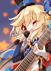  absurdres asymmetrical_gloves bad_id bad_pixiv_id black_gloves black_hat black_jacket blonde_hair blue_bow blush bow collared_shirt commentary_request elbow_gloves female fingerless_gloves girls&#039;_frontline gloves hair_between_eyes hairbow hat highres holding holding_instrument holding_microphone instrument jacket matsuo_(matuonoie) microphone mismatched_gloves nagant_revolver_(astral_bond)_(girls&#039;_frontline) nagant_revolver_(girls&#039;_frontline) official_alternate_costume one_eye_closed open_mouth red_eyes shirt solo star_(symbol) striped_clothes striped_gloves top_hat white_gloves white_shirt wide_sleeves 