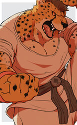  action_52 anthro biceps cheetah cheetahmen clothing felid feline hercules_(cheetahmen) hi_res male mammal muscular muscular_anthro muscular_male simple_background solo yoshizaurusu_n 