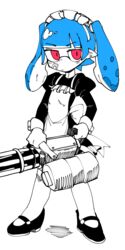  apron bandaid bandaid_on_face blue_hair blunt_bangs closed_mouth commentary_request dress earrings female full_body heavy_splatling_(splatoon) highres holding inkling inkling_girl inkling_player_character jewelry juliet_sleeves lakilolom legs_apart long_hair long_sleeves looking_at_viewer maid maid_apron maid_headdress mary_janes pink_eyes pointy_ears puffy_sleeves shoes simple_background solo splatoon_(series) spot_color standing suction_cups tentacle_hair twintails white_background 