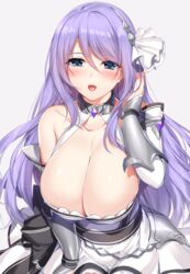  :d arm_at_side bare_shoulders black_ribbon blue_eyes blush breasts cleavage collarbone commentary detached_sleeves dress female gauntlets grey_background hair_between_eyes hair_ornament halterneck hand_in_own_hair hand_up huge_breasts long_hair looking_at_viewer minamon_(vittel221) open_mouth princess_connect! purple_hair ribbon shizuru_(princess_connect!) simple_background smile solo white_dress 