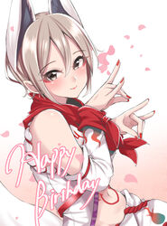  animal_ears black_eyes blush closed_mouth commentary_request detached_sleeves earrings extra_ears eyeshadow female fox_ears fox_shadow_puppet fox_tail grey_hair hair_between_eyes happy_birthday idolmaster idolmaster_cinderella_girls japanese_clothes jewelry jiino lips looking_at_viewer makeup nail_polish navel petals pointy_ears red_eyeshadow red_nails shiomi_syuko short_hair smile solo stomach_tattoo tail tattoo upper_body 