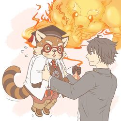  1:1 2019 ailurid anthro blush bottomwear carrying_another clothing eyewear fire_alchemist glasses group hat headgear headwear human humanoid_hands lifewonders male mammal minimumtkg muscular necktie pants protagonist_(tas) red_panda shirt tokyo_afterschool_summoners topwear twink_protagonist_(tas) 