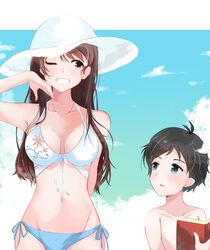  1boy absurdres aoyama-kun_(penguin_highway) bikini black_hair blue_eyes blue_sky blush book breasts brown_hair collarbone commentary_request day female grin hat highres lolicon long_hair looking_at_another medium_breasts navel one_eye_closed onee-san_(penguin_highway) outdoors penguin_highway side-tie_bikini_bottom sky smile standing sun_hat swimsuit takuro_(taku3949) topless_male very_long_hair white_headwear 