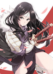  black_eyes black_hair closed_mouth commentary_request female fire_emblem fire_emblem_awakening fur_trim headband jiino katana long_hair looking_at_viewer parted_lips petals say&#039;ri_(fire_emblem) sheath sheathed socks solo sword weapon white_headband white_socks 