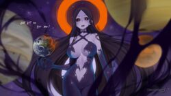  black_dress black_hair black_hole black_sclera blackhole-chan breasts center_opening colored_sclera colored_skin commentary_request cosmic_skin dress earth_(planet) english_text female giant giantess halo highres keiryuu_seo large_breasts long_hair looking_at_viewer m87_black_hole open_mouth orange_eyes original personification planet purple_skin solo talking very_long_hair 