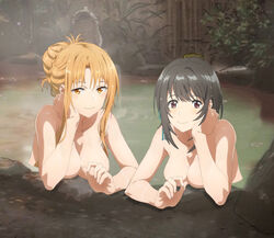  2girls asuna_(sao) blue_ribbon breasts brown_hair cleavage head_in_hand highres irozuku_sekai_no_ashita_kara kazeno_asagi large_breasts long_hair looking_at_viewer medium_breasts multiple_girls onsen ribbon short_hair smile 