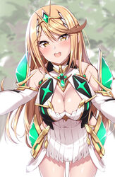  armor blonde_hair blush breasts cleavage cleavage_cutout clothing_cutout commentary_request covered_navel dress earrings female gem hair_ornament jewelry jiino large_breasts long_hair looking_at_viewer mythra_(xenoblade) open_mouth outstretched_arms shoulder_armor sidelocks smile solo standing strap strapless strapless_dress swept_bangs thighs tiara turtleneck very_long_hair white_dress xenoblade_chronicles_(series) xenoblade_chronicles_2 yellow_eyes 