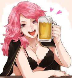  alcohol bad_id bad_pixiv_id beer beer_mug bikini black_clover blush breasts cleavage cup earrings female heart jewelry long_hair mug open_mouth pink_hair purple_eyes simple_background smile solo swimsuit vanessa_enoteca white_background yoshitaro_(almendra) 