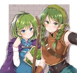  2girls bandana blue_eyes book bow_(weapon) braid cape closed_mouth commentary_request fire_emblem fire_emblem:_the_blazing_blade green_eyes green_hair hairband holding holding_book jiino long_hair long_sleeves looking_at_viewer multiple_girls nino_(fire_emblem) rebecca_(fire_emblem) short_hair sleeveless smile twin_braids upper_body weapon 