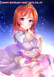  :o absurdres bad_id bad_pixiv_id blurry blush character_name dated depe female gradient_background hair_between_eyes happy_birthday highres looking_at_viewer love_live! love_live!_school_idol_project midriff music_s.t.a.r.t!! navel nishikino_maki open_mouth pointing pointing_at_viewer purple_eyes red_hair short_hair signature simple_background skirt tiara 