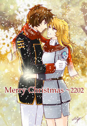  1boy 2015 black_jacket blonde_hair brown_eyes brown_hair commentary_request cowboy_shot eye_contact female grey_jacket grey_skirt jacket kodai_susumu long_hair long_sleeves looking_at_another merry_christmas military_jacket miniskirt mori_yuki outdoors pants pencil_skirt purple_eyes red_scarf scarf shared_clothes shared_scarf signature skirt snowing standing uchuu_senkan_yamato uchuu_senkan_yamato_2199 white_pants yokon2199 