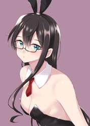  animal_ears black_hair black_leotard blue_eyes breasts cleavage commentary_request detached_collar fake_animal_ears female glasses green_eyes hairband jiino kantai_collection leotard long_hair looking_at_viewer necktie ooyodo_(kancolle) open_mouth playboy_bunny purple_background rabbit_ears red_necktie semi-rimless_eyewear simple_background small_breasts solo strapless strapless_leotard under-rim_eyewear upper_body 