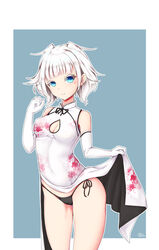  bad_id bad_pixiv_id black_panties blue_eyes breasts cameltoe chinese_clothes cleavage cleavage_cutout clothing_cutout dot_nose dress elbow_gloves female floral_print gloves grey_background highres lis_zhu_long looking_at_viewer original outline panties photoshop_(medium) short_hair smile solo standing star_(symbol) two-tone_background underwear white_background white_dress white_gloves white_hair white_outline 