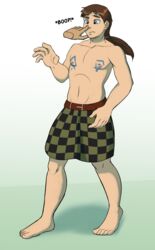  2019 ambiguous_gender barefoot boop brown_hair disembodied_hand duo feet hair hi_res human human_only kilt long_hair male mammal navel nose_boop not_furry oter ponytail simple_background standing tattoo tharkis white_background 