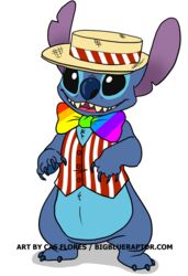  2017 4_fingers alien black_eyes blue_body blue_claws blue_fur blue_nose bottomless bow_(feature) bow_tie chest_tuft claws clothed clothing disney experiment_(lilo_and_stitch) fingers flat_colors fur hat headgear headwear lilo_and_stitch notched_ear open_mouth open_smile simple_background smile solo standing stitch_(lilo_and_stitch) straw_hat text topwear trashdogeking tuft url vest watermark white_background 