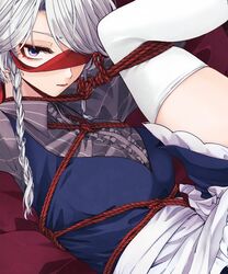  apron arms_up bad_id bad_twitter_id bed_sheet blindfold blindfold_slip blue_dress blue_eyes bondage bondage bondage bound braid breasts center_opening commentary_request dress feet_out_of_frame female frilled_apron frills grey_hair grey_shirt highres izayoi_sakuya leg_up looking_at_viewer lying maid_apron medium_breasts on_back petticoat red_rope rope shibari_over_clothes shirt short_dress short_hair solo souta_(karasu_no_ouchi) striped_clothes striped_shirt swept_bangs thighhighs thighs touhou twin_braids vertical-striped_clothes vertical-striped_shirt waist_apron white_apron white_hair white_thighhighs wing_collar 