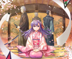  &gt;:) 3boys akechi_mitsuhide_(fate) alle_gro bad_id bad_pixiv_id black_hair blush brown_hakama closed_mouth commentary_request facing_away fate/grand_order fate_(series) female fisheye floral_print flower fusuma grey_hair hair_between_eyes hair_flower hair_ornament hair_ribbon hakama hakama_skirt hands_on_lap indoors japanese_clothes kasuga_no_tsubone_(fate) katana kimono long_hair long_sleeves looking_at_viewer matou_sakura matsudaira_nobutsuna_(fate) multiple_boys obi old old_man parvati_(fate) petals pink_flower pink_kimono print_kimono profile purple_eyes purple_hair red_ribbon ribbon sash seiza sheath sitting skirt sliding_doors smile socks standing sword unsheathed v-shaped_eyebrows very_long_hair weapon white_legwear wide_sleeves yagyuu_munenori_(fate) 