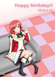  2019 artist_request bangs birthday black_footwear black_legwear black_neckwear boots bow bowtie female female happy_birthday hat hat_bow highres jacket knee_boots knees_together_feet_apart long_sleeves looking_at_viewer love_live! love_live!_school_idol_project nishikino_maki outstretched_arms parted_lips peace_sign petals pleated_skirt purple_eyes red_hair short_hair sitting skirt smile socks solo sore_wa_bokutachi_no_kiseki spread_arms white_headwear white_jacket white_skirt 