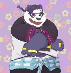  2019 absurd_res alp_(tas) anthro bear belly bottomwear clothing cute_fangs dasoowolf fur giant_panda hat headgear headwear hi_res humanoid_hands lifewonders male mammal overweight overweight_anthro overweight_male purple_body purple_fur queue_(hairstyle) shirt shorts solo tokyo_afterschool_summoners topwear 