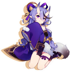  blush closed_mouth commentary_request detached_sleeves female hair_ribbon horns long_sleeves looking_at_viewer mole mole_under_mouth nijisanji oerba_yun_fang pointy_ears purple_eyes purple_hair purple_ribbon ribbon rindou_mikoto seiza sharlorc sitting sleeves_past_wrists smile solo virtual_youtuber 