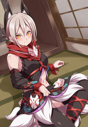  animal_ear_fluff animal_ears arm_tattoo black_thighhighs blush clothes_lift commentary_request detached_sleeves earrings extra_ears eyeshadow female fox_ears fox_tail grey_hair hair_between_eyes idolmaster idolmaster_cinderella_girls indoors jewelry jiino leg_ribbon lifting_own_clothes looking_at_viewer makeup nail_polish navel pointy_ears red_eyeshadow red_nails red_ribbon red_scarf ribbon scarf shiomi_syuko short_hair skirt skirt_lift sliding_doors smile solo stomach_tattoo tail tatami tattoo thighhighs yellow_eyes 