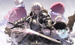  1boy 2girls armor blonde_hair brown_eyes cape commentary_request copyright_name elf facing_away gauntlets glint grey_knight_julia hood laurel_knight_sylvester leslie_the_moon_queen long_hair looking_at_viewer multiple_girls pixiv_fantasia pixiv_fantasia_last_saga plate_armor pointy_ears purple_hair red_cape red_hood ryuuzaki_ichi simple_background standing sword very_long_hair weapon 